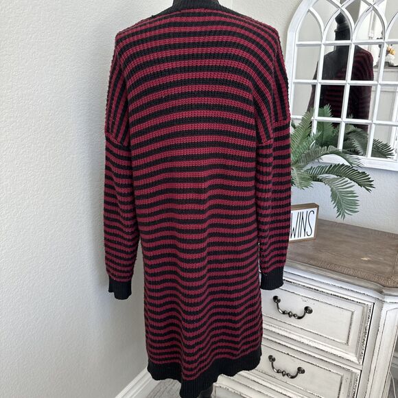 Hot Topic Long Cardigan Sweater, Red, Black, Striped Emo Size Medium Button Down - Picture 8 of 14